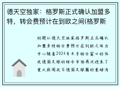 德天空独家：格罗斯正式确认加盟多特，转会费预计在到欧之间(格罗斯 f1)