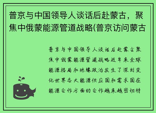 普京与中国领导人谈话后赴蒙古，聚焦中俄蒙能源管道战略(普京访问蒙古国)