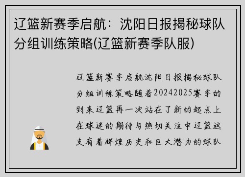 辽篮新赛季启航：沈阳日报揭秘球队分组训练策略(辽篮新赛季队服)