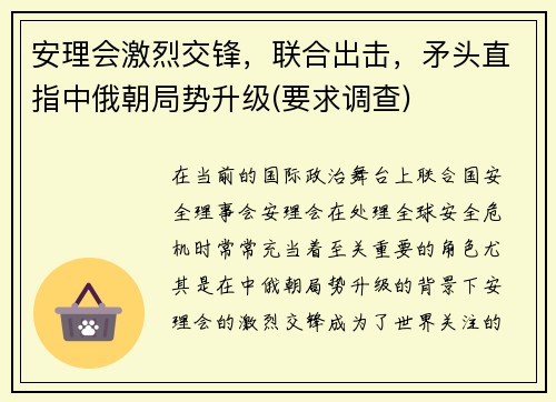 安理会激烈交锋，联合出击，矛头直指中俄朝局势升级(要求调查)