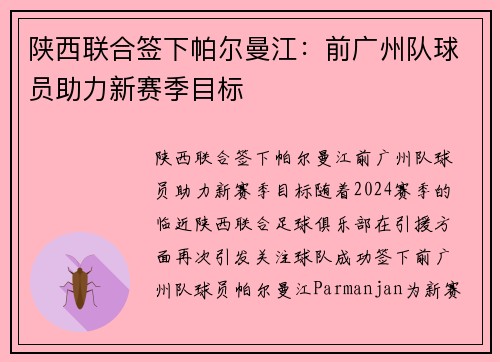 陕西联合签下帕尔曼江：前广州队球员助力新赛季目标