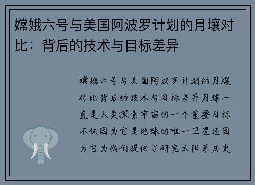 嫦娥六号与美国阿波罗计划的月壤对比：背后的技术与目标差异